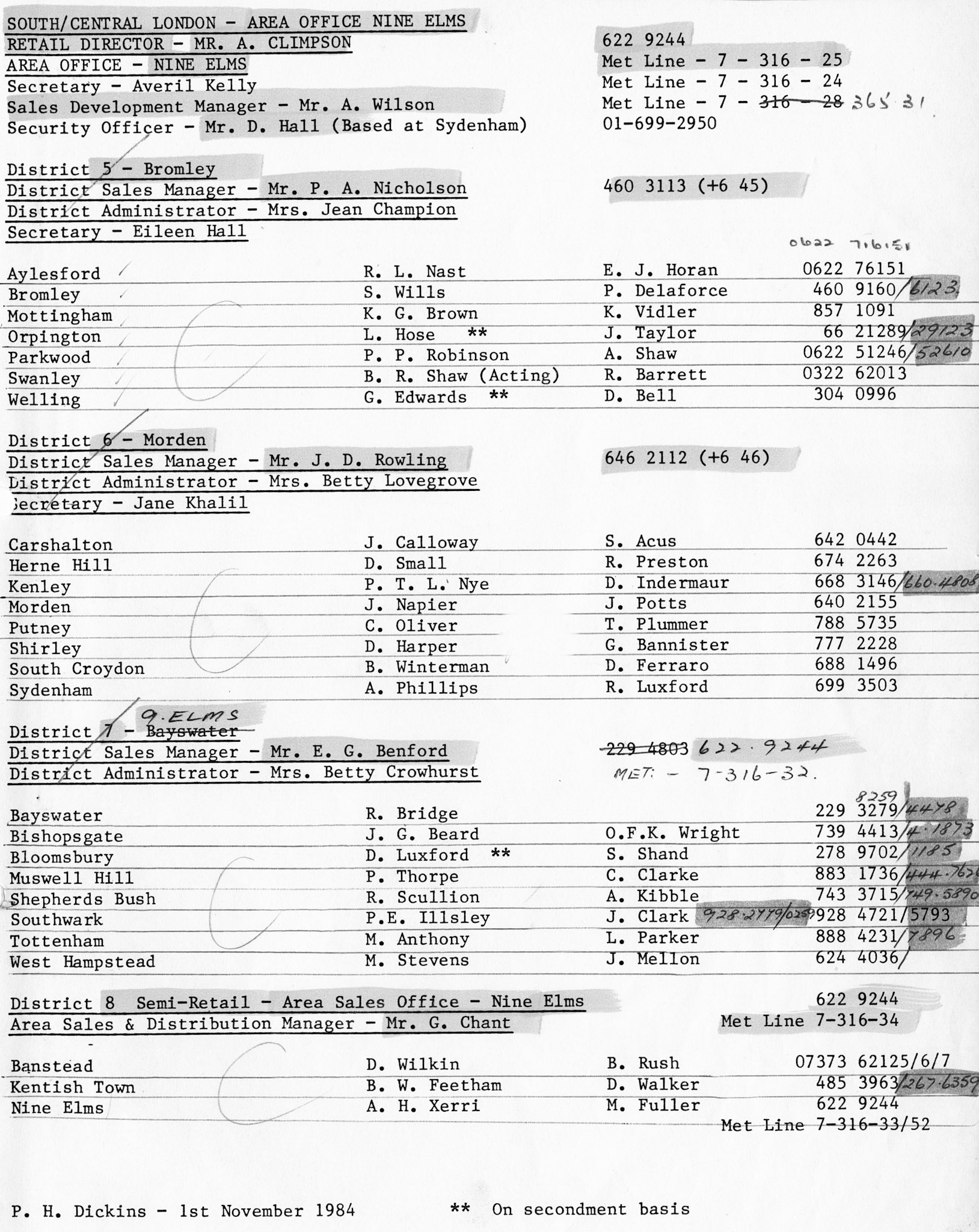 1984 Express Depot List (Courtesy Beryl Purslove)