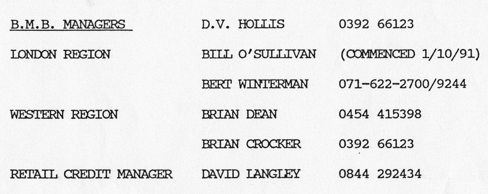 1991 BMB Managers from Express Depot List (Courtesy Beryl Purslove)