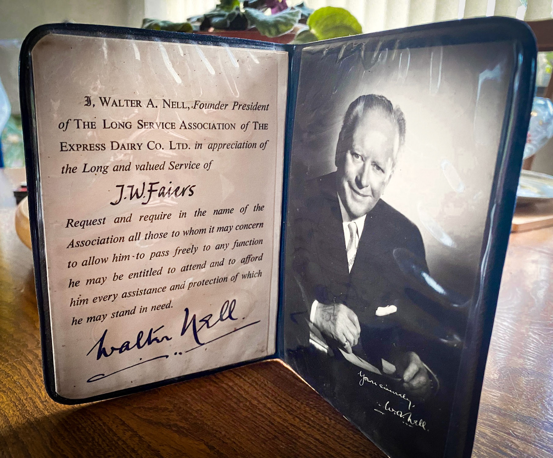 1980, Jim Faiers 30 year long service 'passport'. Walter Nell retired in 1969. (Courtesy Adam Faiers)