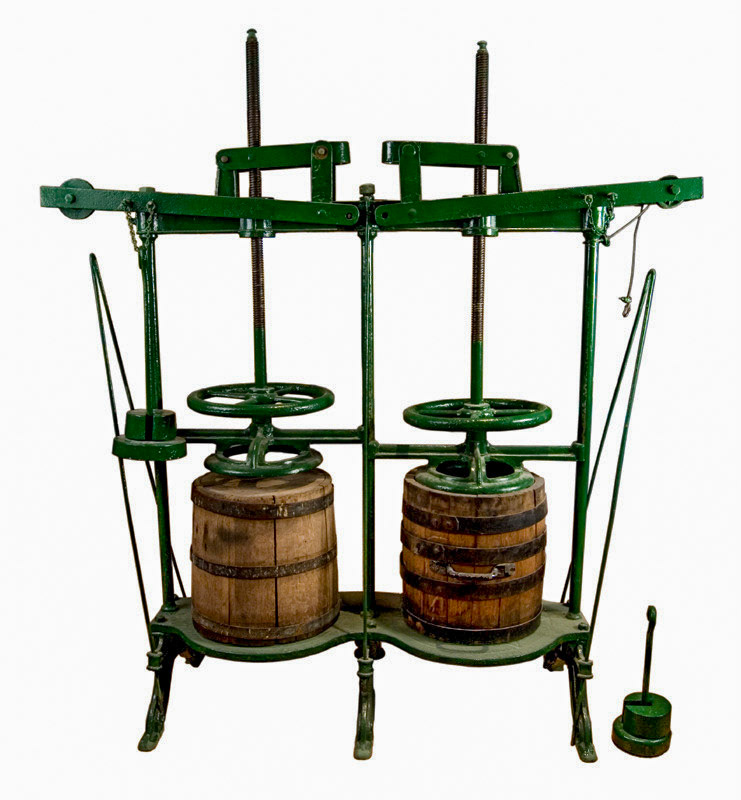 Cheese Press used in the village of Kilmaurs. Alan Salt comments "Cast iron presses are seen in farm sales 1820-30's onwards -they became more common with the arrival of the Industrial Revolution, so for years the old stone weight presses were used-some farmers probably kept the old stone presses till the end.  Object EAMA004n (Courtesy futuremuseum.co.uk)