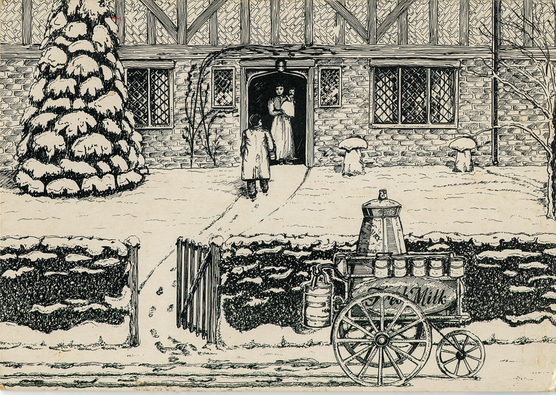 NDBI Xmas card "THE OLD FASHIONED WAY" sent by Job's milkman Steve Hooper to his customers. (Presented by Elaine Randall in memory of her mother Gwen Axten who lived in Marlborough Road, Hanworth and collected this set of cards over the years.)