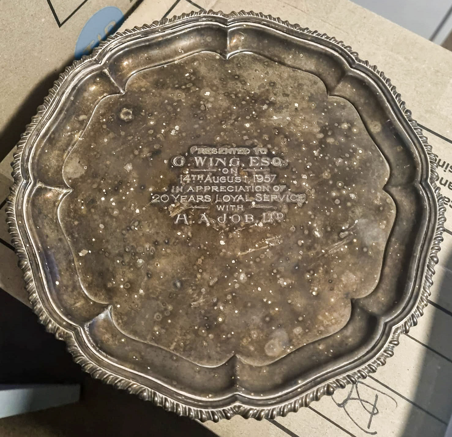 1957 Job's Dairy Didcot - silver plate presented to G. Wing for 20 years service. Sarah Jane Gillett comments "Packing up my home in Australia.  Lots of memories from Didcot-this would have been presented to my paternal Great Uncle" (Courtesy Sarah Jane Gillett)