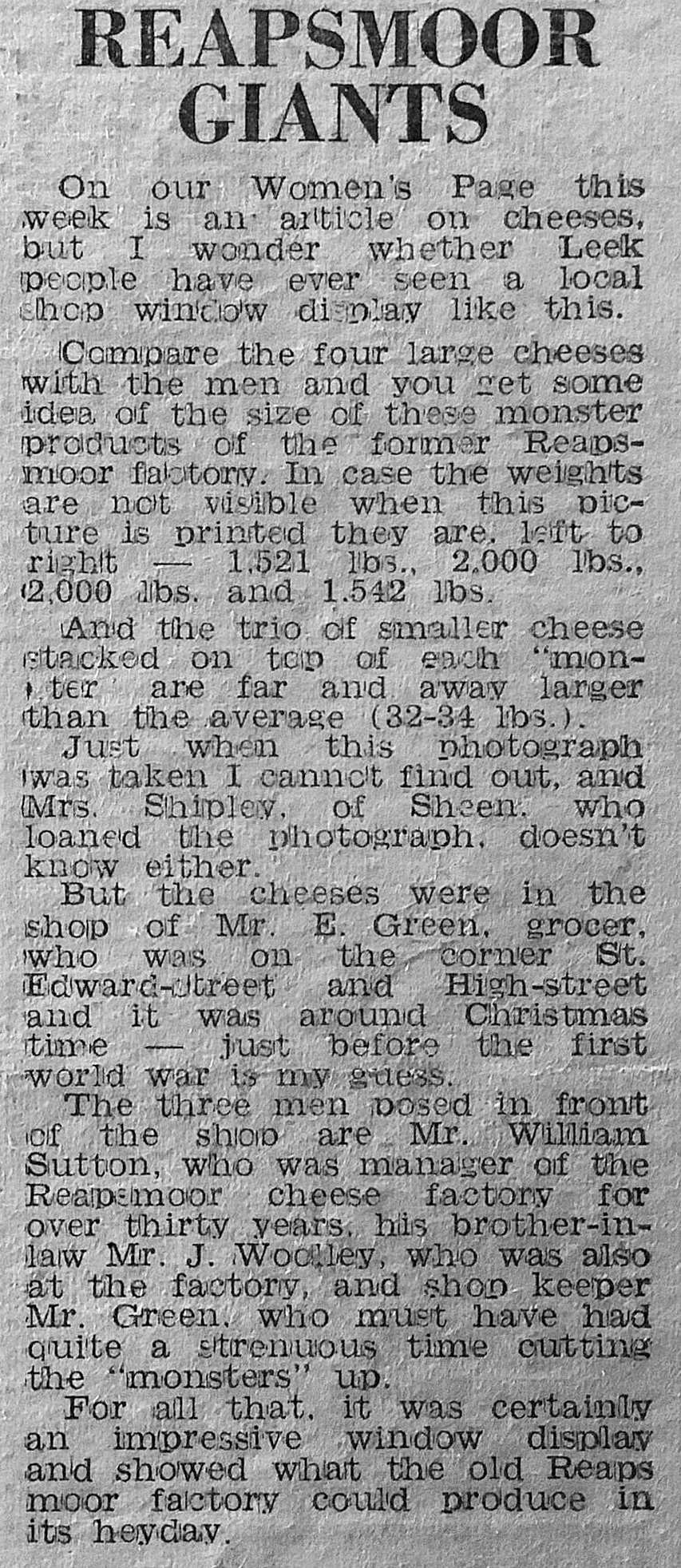 1920's? Reapsmoor cheeses on display in Leek (Courtesy Alan Salt)