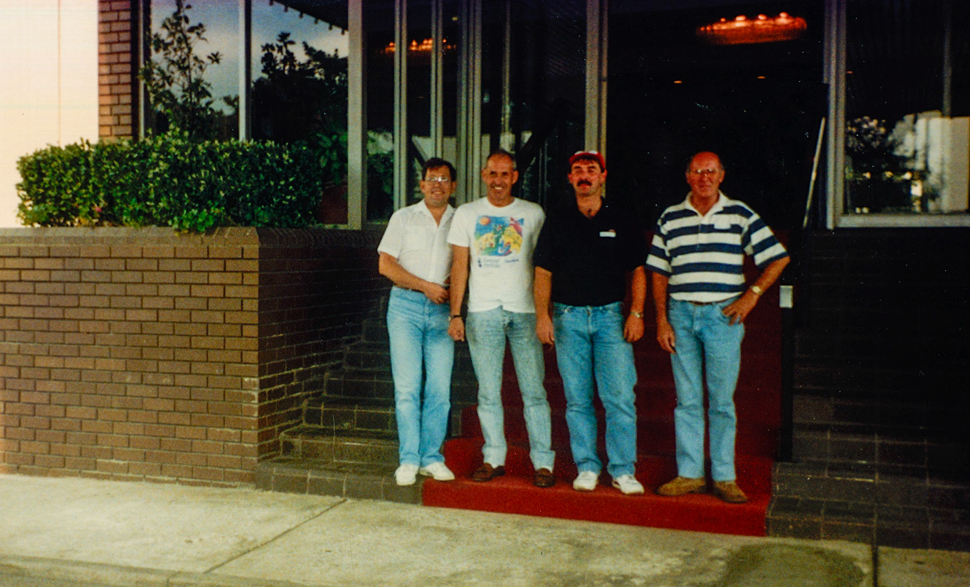 1991 (September) Drivers and Forklift competition, Hilton International, Ruislip. "L-R Phillip Budd, Brian Muir, Paul Marriott, Brian Anderson" Carol Browning comments "Lots of good memories of Driver of the Year competitions and good evenings out with my husband Mike Browning." (Courtesy Phillip Budd)