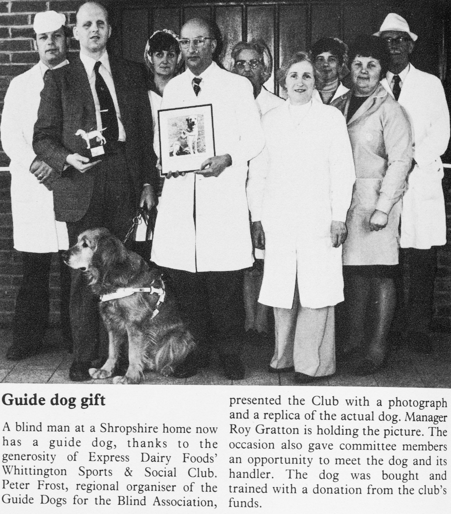 1979 Whittington Creamery Sports &amp; Social Club funded a guide dog, presented to Peter Frost, regional organiser of the Guide Dogs for the Blind... Whittington Manager Roy Gratton is holding the award picture. Susan Barclay comments "That's my mum Thelma Barclay in the front row, sadly passed away in November 2023. Mum's name was pulled out and she choose the dog's name Bandit. Look at her flared trousers !!!!" John Southwell comments "I knew Roy very well", and Barry Thomas Parsons adds "Yes he was a very nice man."(Express News Autumn)