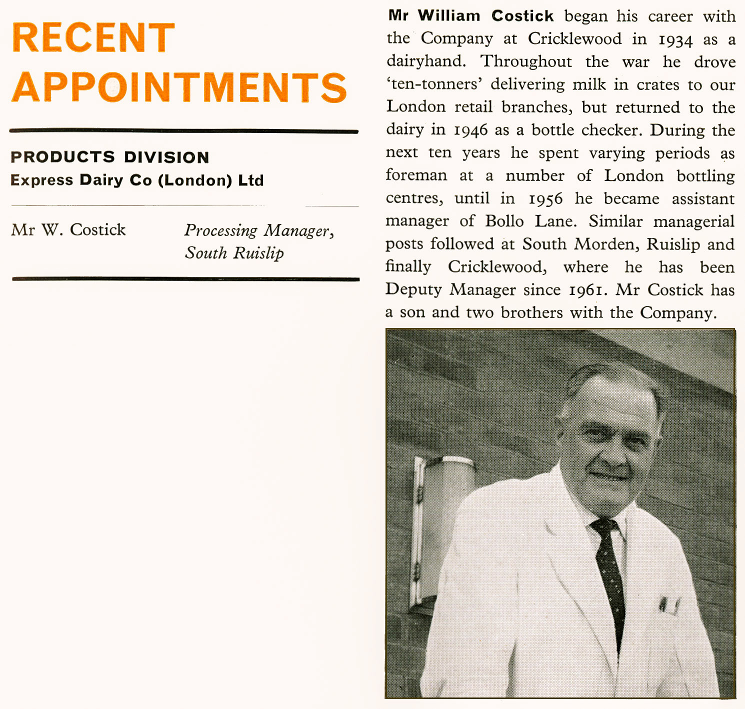 1963 'Bill' Costick appointed as Processing Manager at South Ruislip. (Express News Autumn)