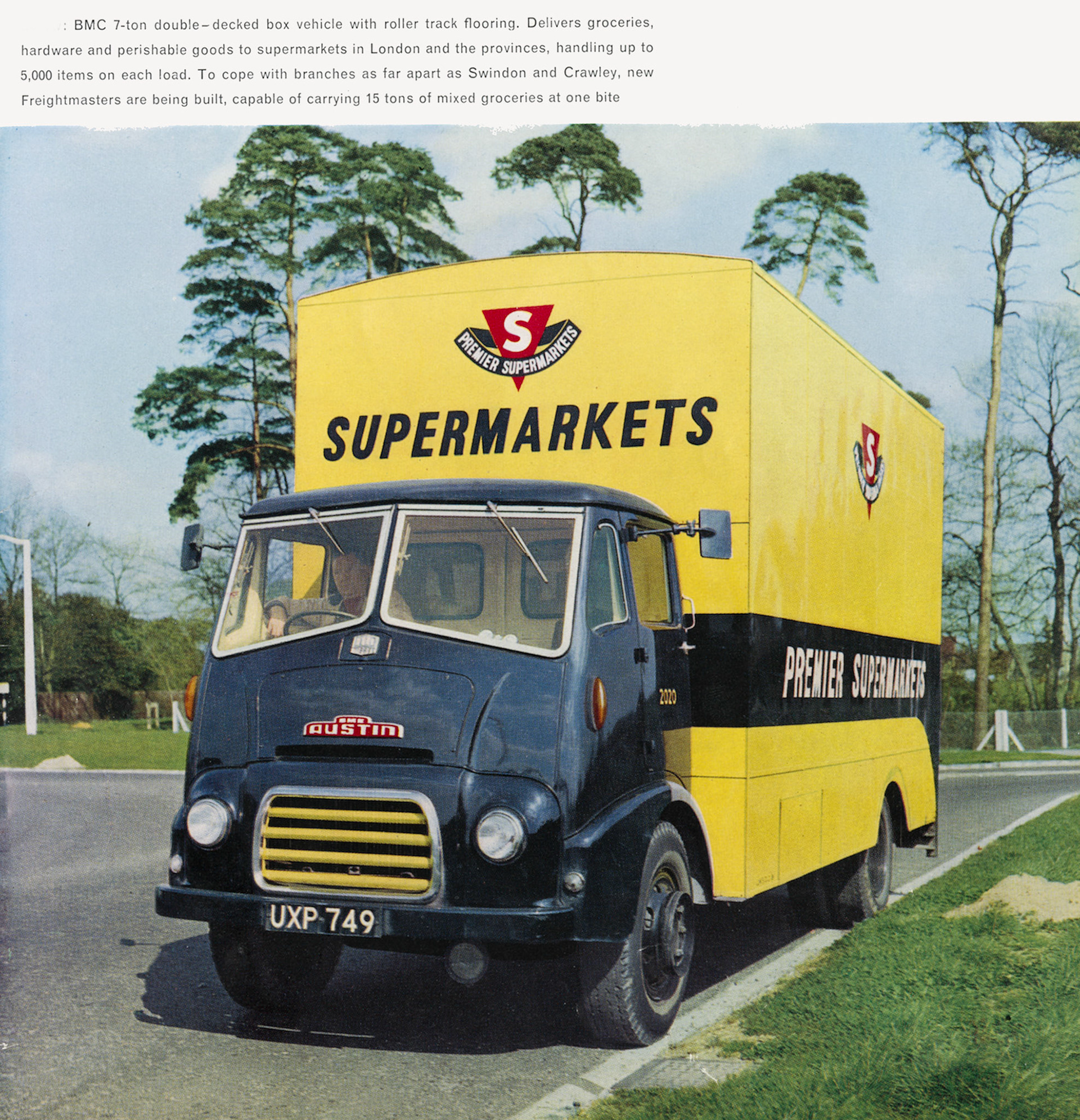 1961 BMC 7-ton double-decked box vehicle with roller track flooring UXP 749, used by Premier Supermarkets. (From 'Transport Album' by Transport Director R. Harvey, Express News Summer)