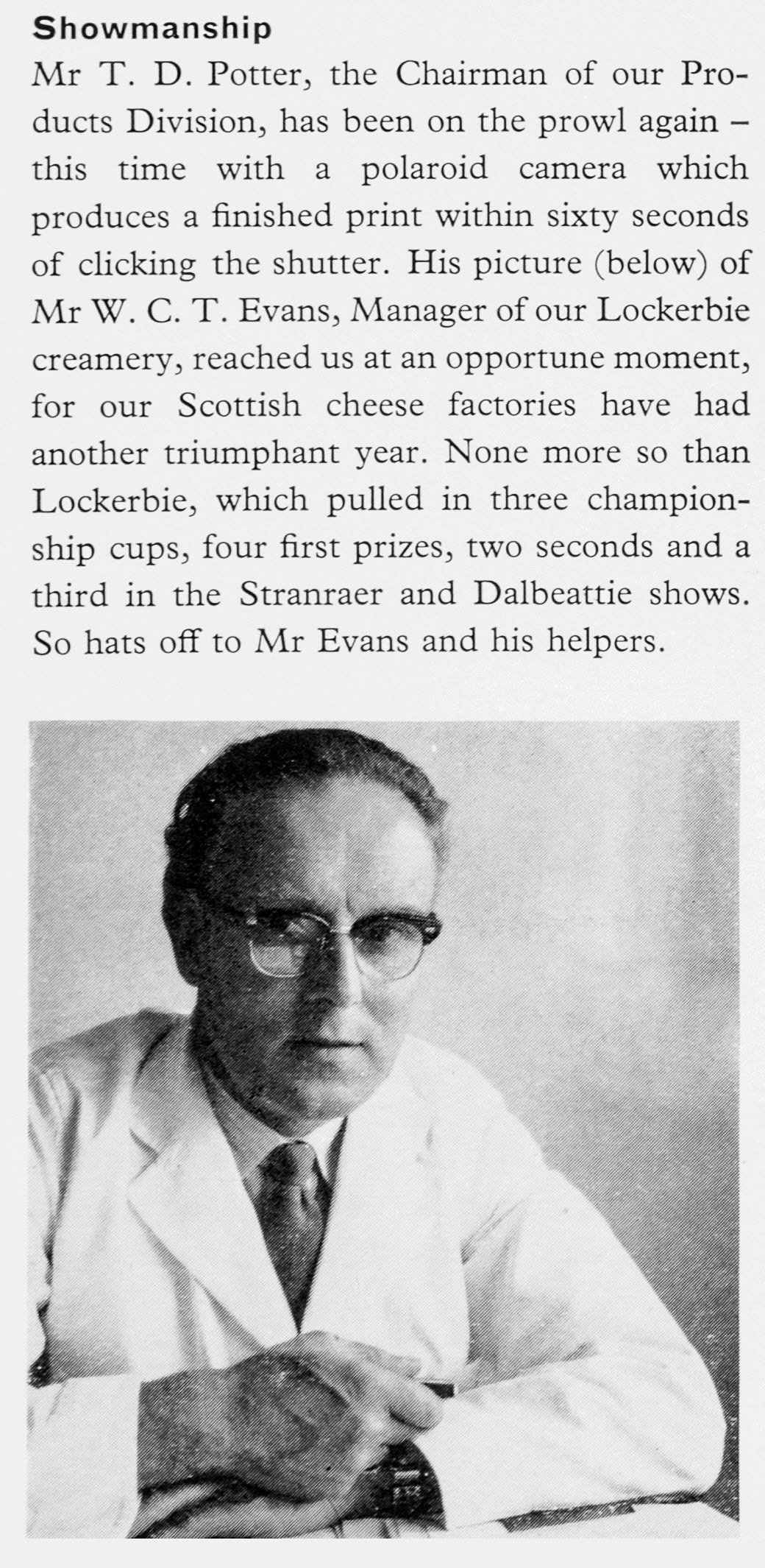 1962 Lockerbie Creamery Manager Mr W.C.T. Evans. (Express News Autumn)