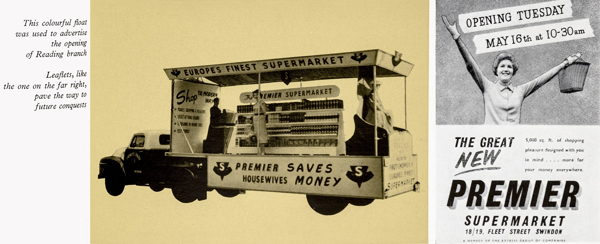 1961 Premier Supermarkets feature article discusses publicity ideas for store openings, mentioning a mobile float used for Reading, and a leaflet for Swindon. (Express News Autumn)