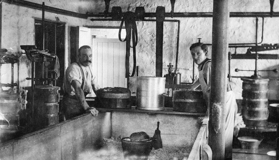 1920 Reapsmoor Dairy. Alan Salt comments "Mr Sutton and Mr Woolley cheesemaking-not sure who owned the Dairy in 1920 but the site did become an Express site later". (Courtesy Alan Salt)