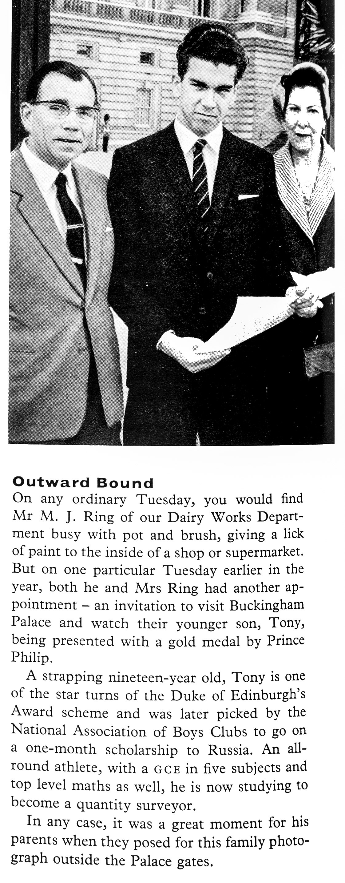 1961 Dairy Works Dept's Mr M.J. Ring with his wife and son Tony at Buckingham Palace. (Express News Autumn)