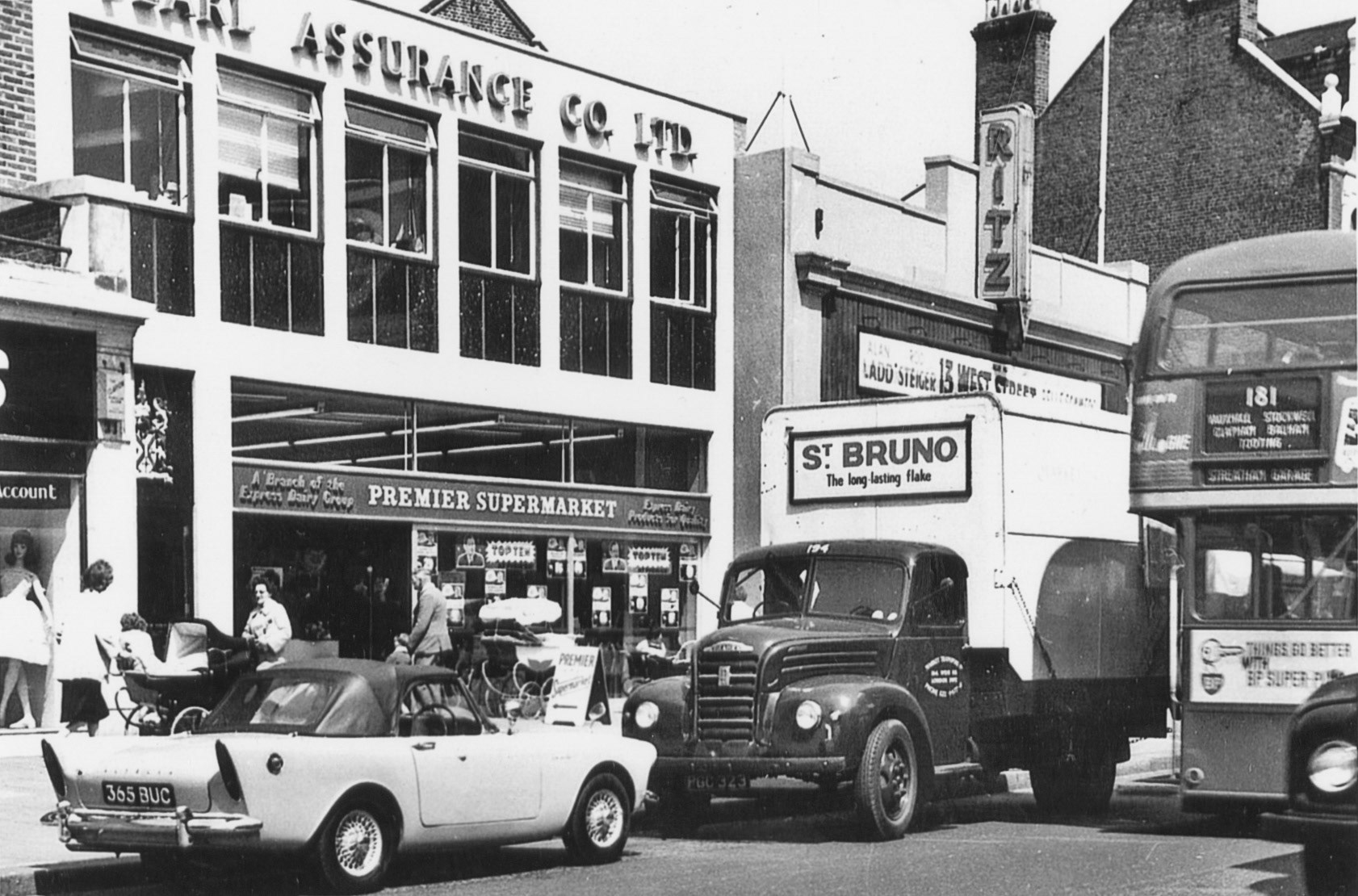 1962 Premier Supermarket in Balham. Ritz cinema next door showing '13 West Street', released in 1962. (Courtesy Dave Fane)
