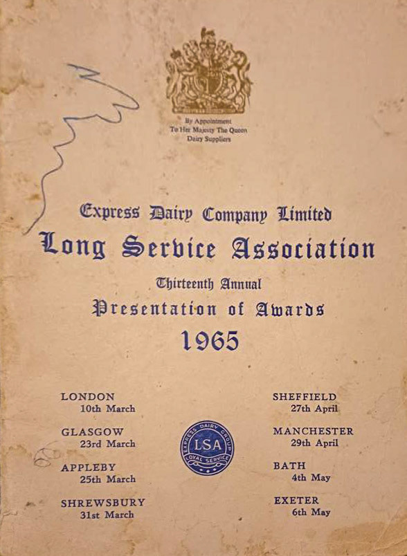 1965-70 Kevin Yates explains "These are items that belonged to my dad Cyril Anthony Yates when he worked for Express Dairy at Levenshulme, as Rounds Supervisor. The watch was for 30 years service in 1970, the other items are from 1965. He worked for Dobson's before Express took over, he sadly passed away in 1987. I joined Express Dairy in 1972 straight from school - I have been retired for two years now (2025). (Courtesy Kevin Yates)