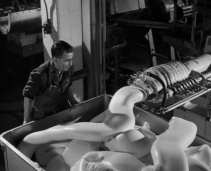 1940's Tower Creameries, later Mitcham Foods, part of Express. Kneading and extruding. (Courtesy British Instructional Films, British Pathé)