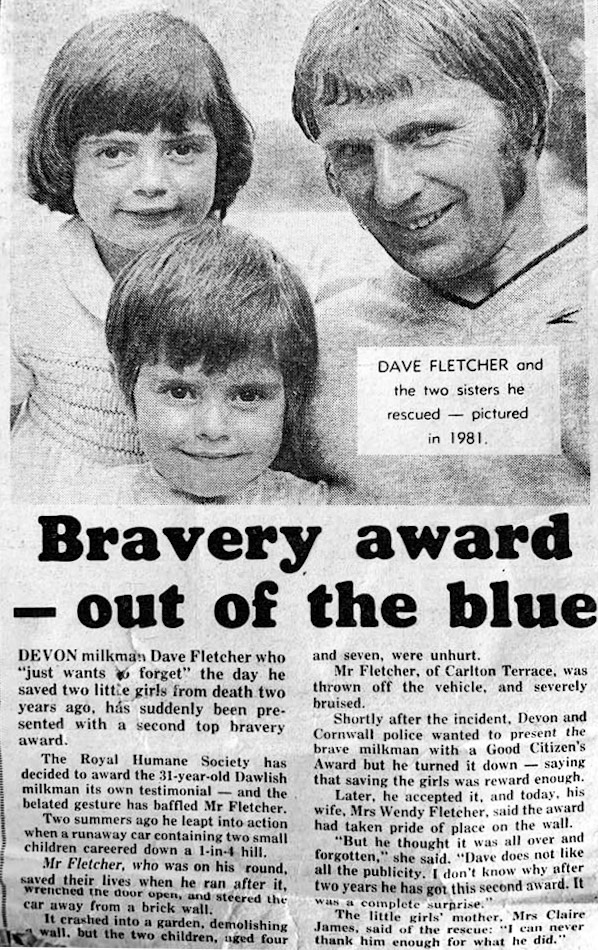 1981 Dave Fletcher with the James's sisters after his heroic act in stopping a runaway car in Dawlish. Cheryl Edwards" Hi, I’m Cheryl, one of the girls David bravely rescued..." (Courtesy Cheryl Edwards)