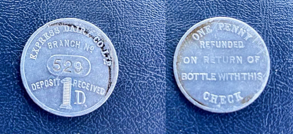 1950's One penny deposit token, believed to be used for sterilised milk bottles in Bradford and perhaps throughout the North of England. (Courtesy Steve Reynolds)