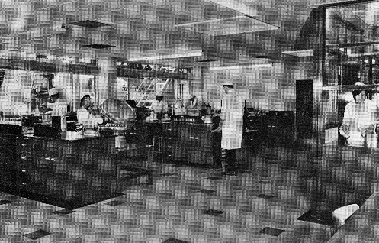 1969 Honiton Creamery Laboratory, with Alyn Bevan, Mike Chatfield, Margaret Crabb, Dorothy Bough, Ivor Brock and Hilary Ellis. (Express News Christmas)