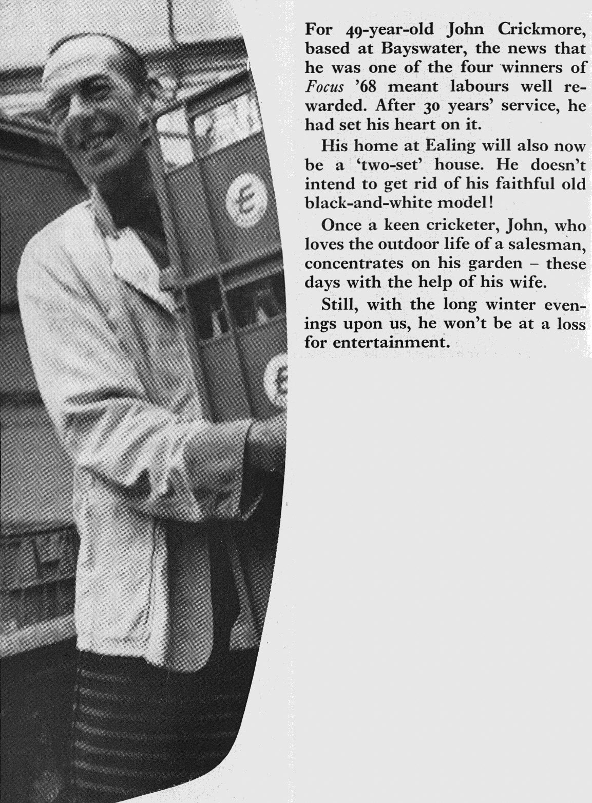 1968 London Retail prizewinning Bayswater salesman John Crickmore wins colour TV. (Express News Christmas)