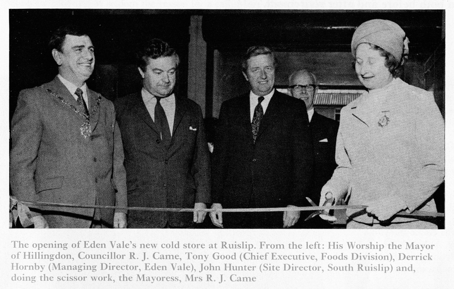 1972 Opening of Eden Vale's new South Ruislip Cold Store by the Mayor of Hillindon, Councillor Came with Tony Good, Derrick Hornby, John Hunter and the lady Mayoress Mrs Came