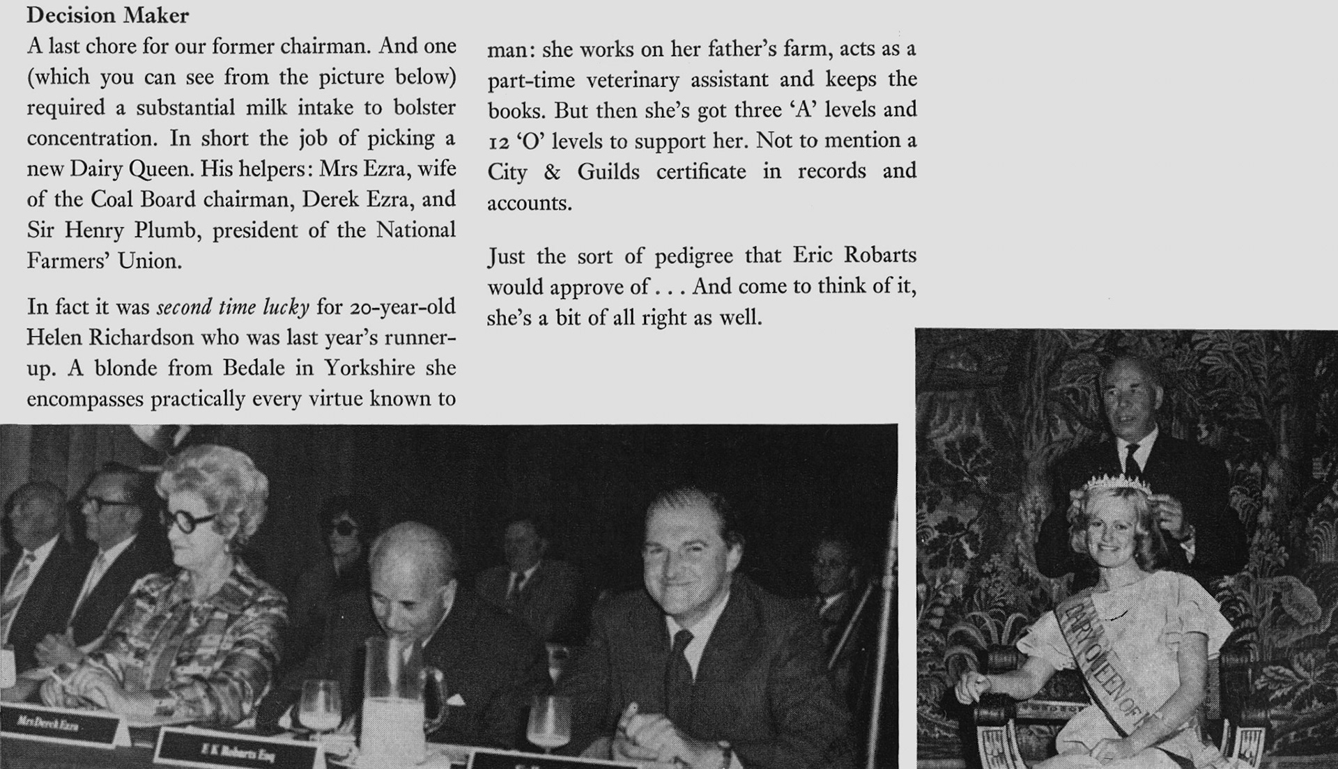 1973 Eric Robarts helps select Helen Richardson as the year's Dairy Queen. (Express News Autumn)