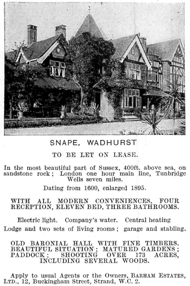 1924 Snape House to be let. Country Life. (Courtesy of THE BRITISH LIBRARY BOARD)