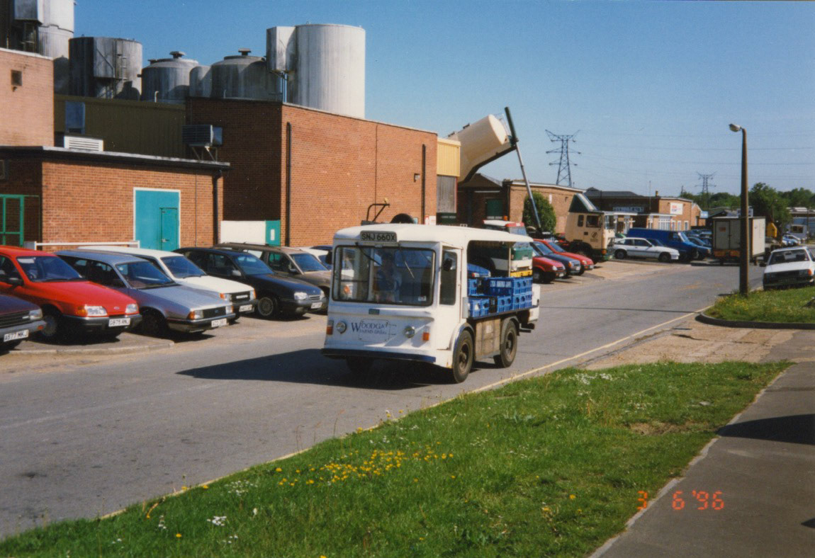 1996 Dave Fane comments "Morrison about to enter depot in Stephenson Way, Crawley. (Courtesy Dave Fane, Memories of Woodgate Farms Dairy)