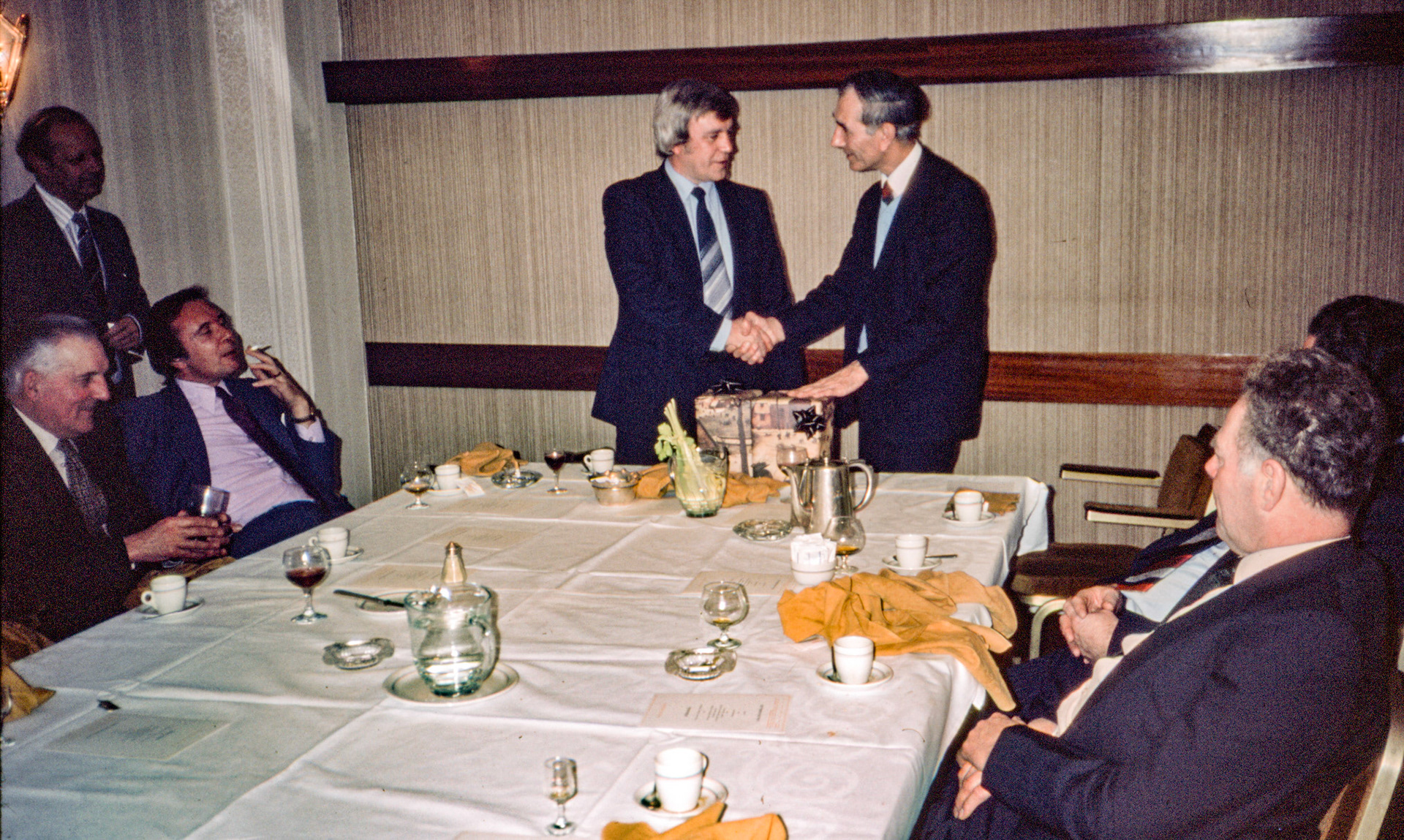 1981 Frank Lennard's retirement lunch, with L-R Sam Jones, Derek Gray, George Hurren, Keith Farrell, Frank Lennard, Eddie Barnes?, John Russell
