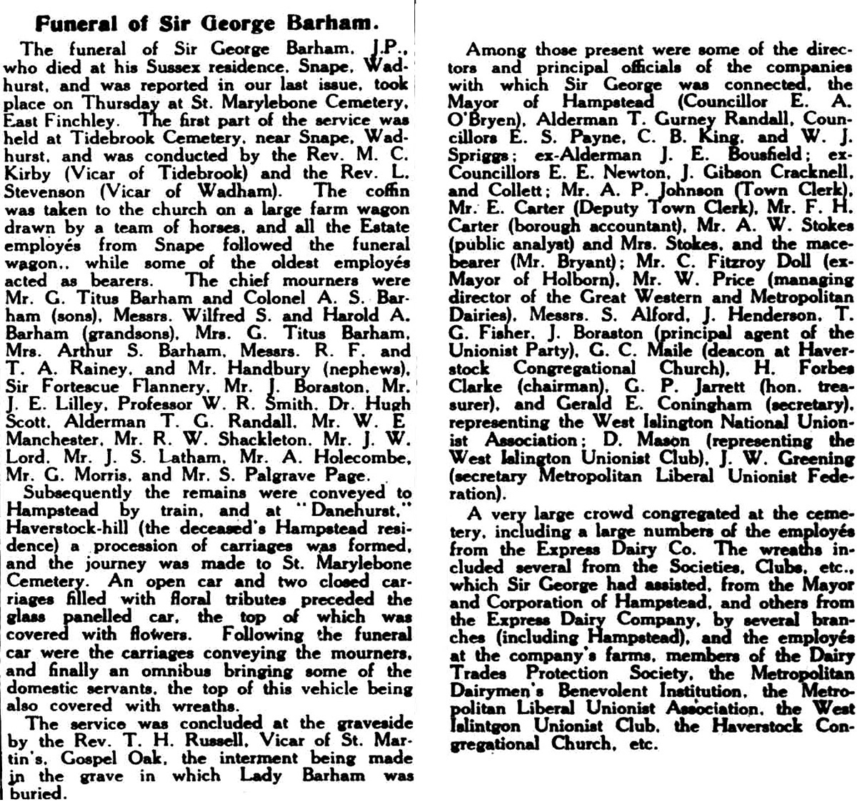 1913 Sir George Barham funeral. Hampstead News. (Courtesy of THE BRITISH LIBRARY BOARD)