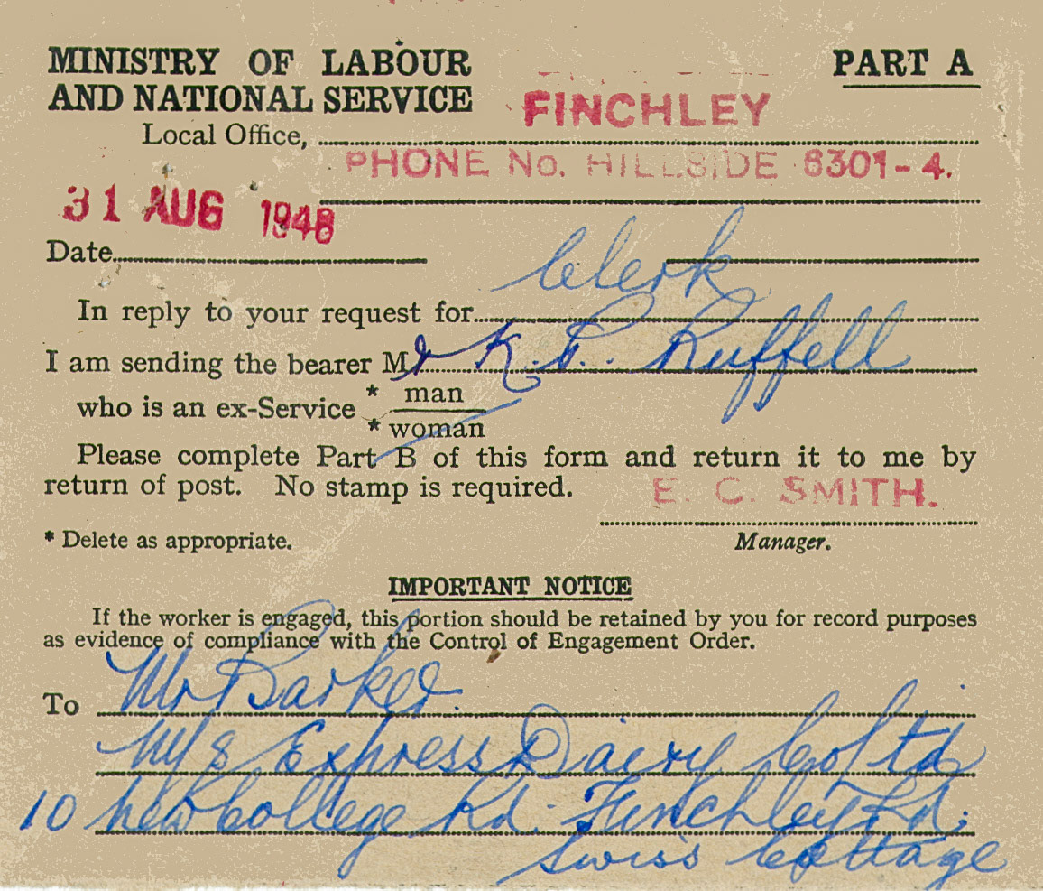 1948 Cricklewood=Ministry of Labour job application for ex-servicemen and women for Kenneth Ruffell, employed as Clerk. (Courtesy Mark Hudson)