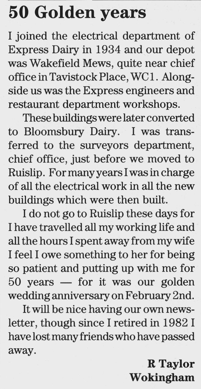 1991 Mr R Taylor recalls Wakefield Mews, later Bloomsbury Depot (from Express Foods Pensioners News) Courtesy Beryl Purslove