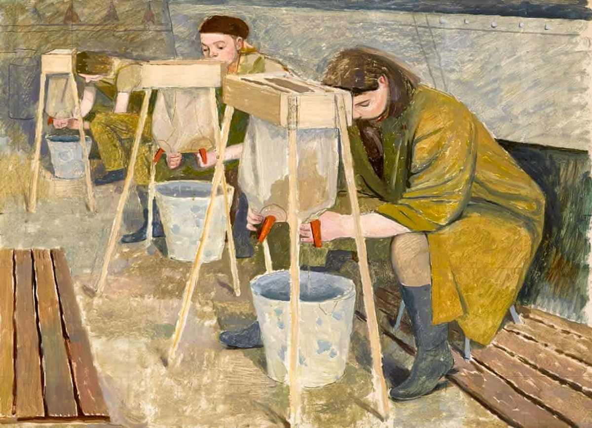1940 'Milk Practice with Artificial Udders', painting by Evelyn Dunbar (1906-1960) (Courtesy Shelley McAlister, Eric Ravilious and Friends FB Group)