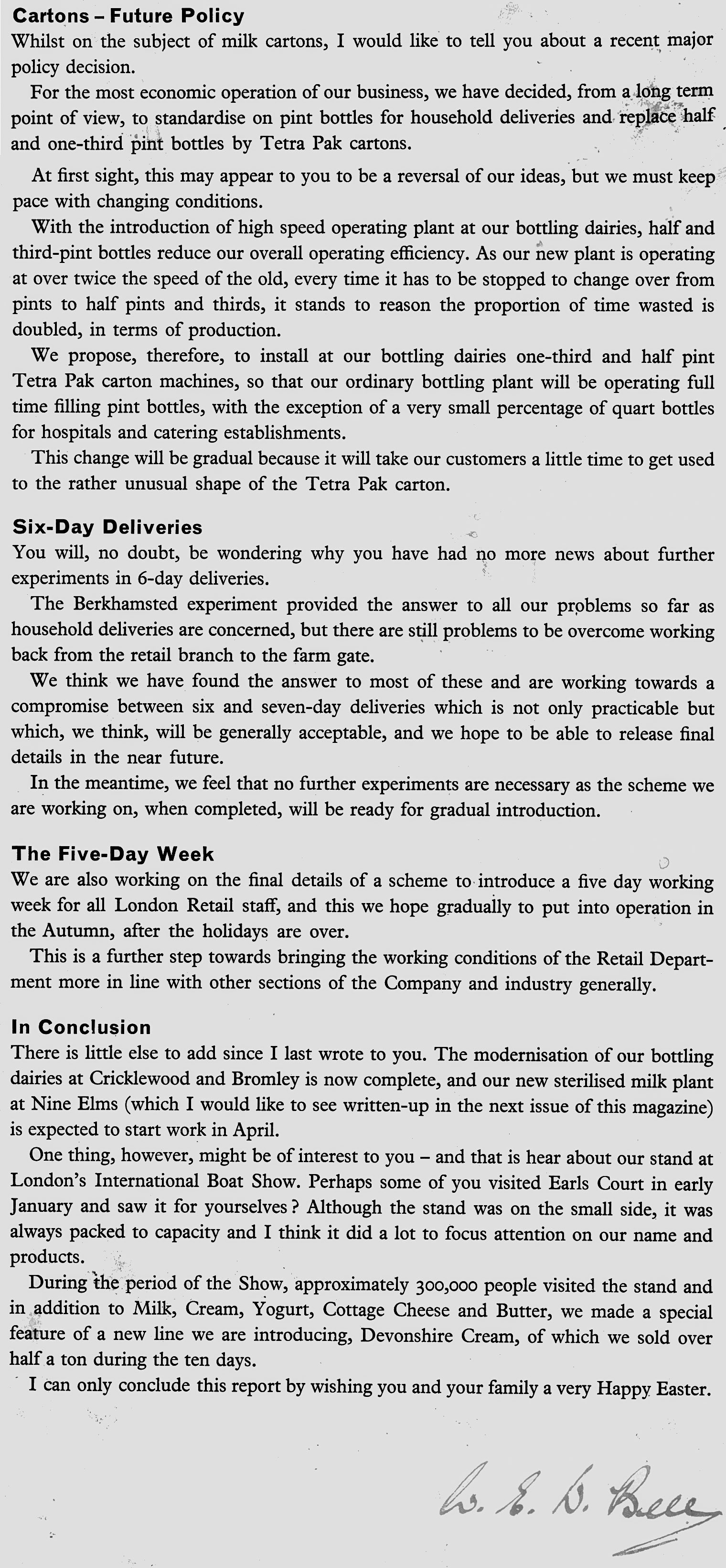 1962 W.E.D. Bell's Chairman's report - interesting that the logic for moving to cartons was to allow high speed bottling plant to run without changeovers. (Express News Spring)