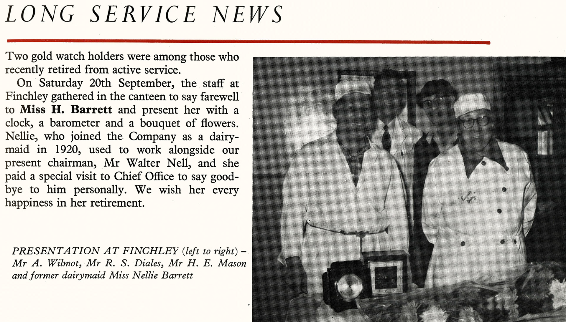 1958 Nellie Barrett retires from Finchley after 38 years. (Express News December)