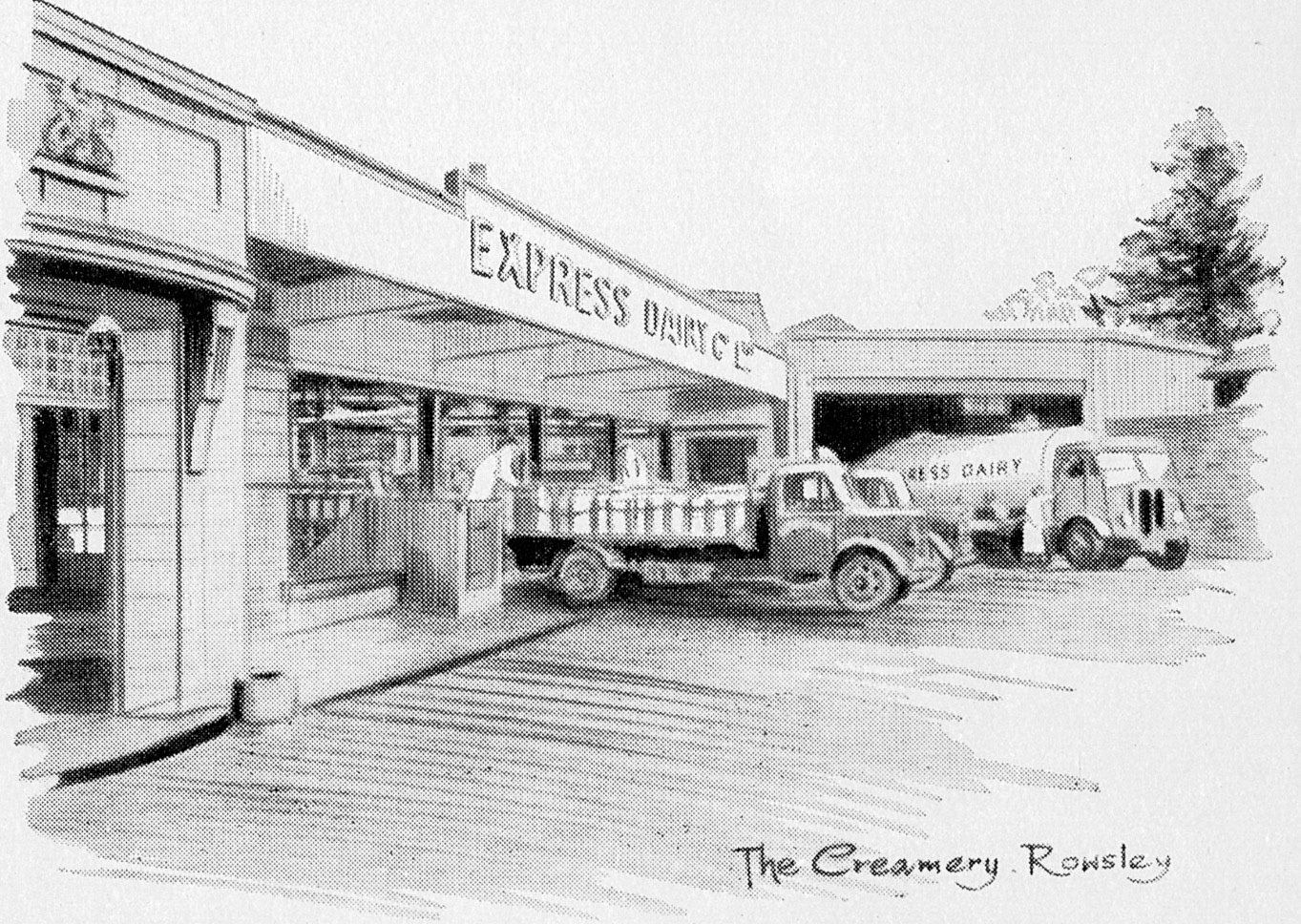 1956 Rowsley Creamery sketch. "Rowsley (Derby), population 273, Early Closing Wednesday. Stands at the junction of the rivers Wye and Derwent. The Peacock Inn is a notable example of Elizabethan architecture." (Express News April)