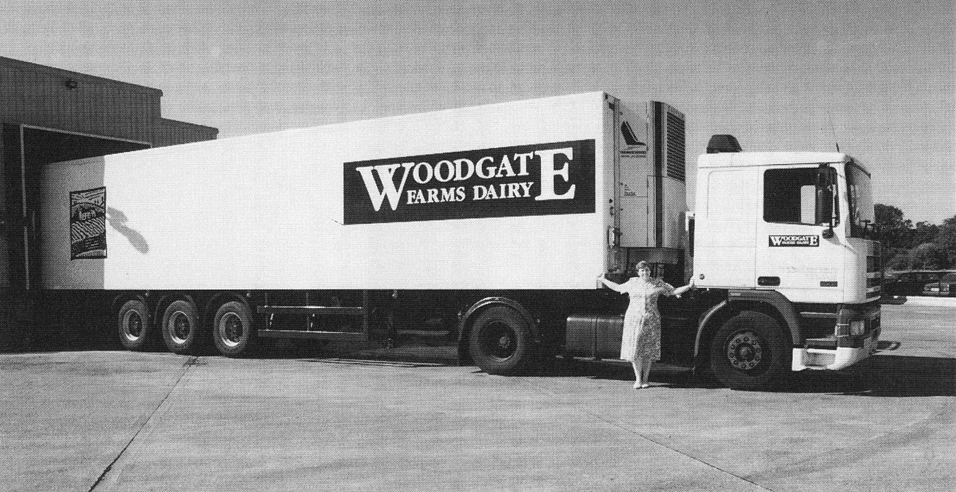 1990's? "1000-gallon lorry, with new logo", pictured with Molly Sale. (Illustration from Sixty Years in Dairying-Molly Sale)