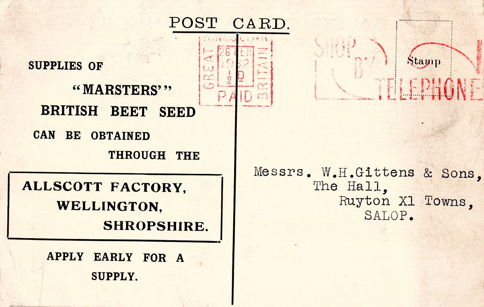 1932 advertising postcard to Mr Gittins for sugarbeet seed from Allscott Factory, Wellington, Shropshire.