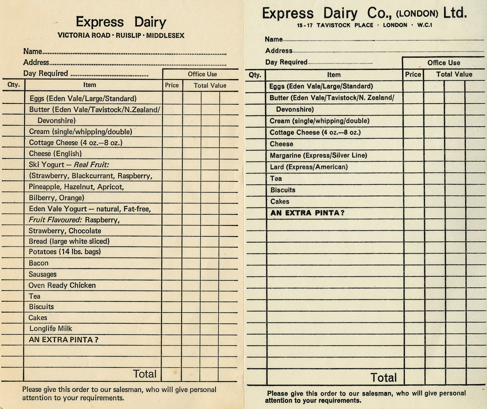 1970's and 1980's? Contrasting Milkman's leaflet and order forms (Courtesy Michael Aldread)