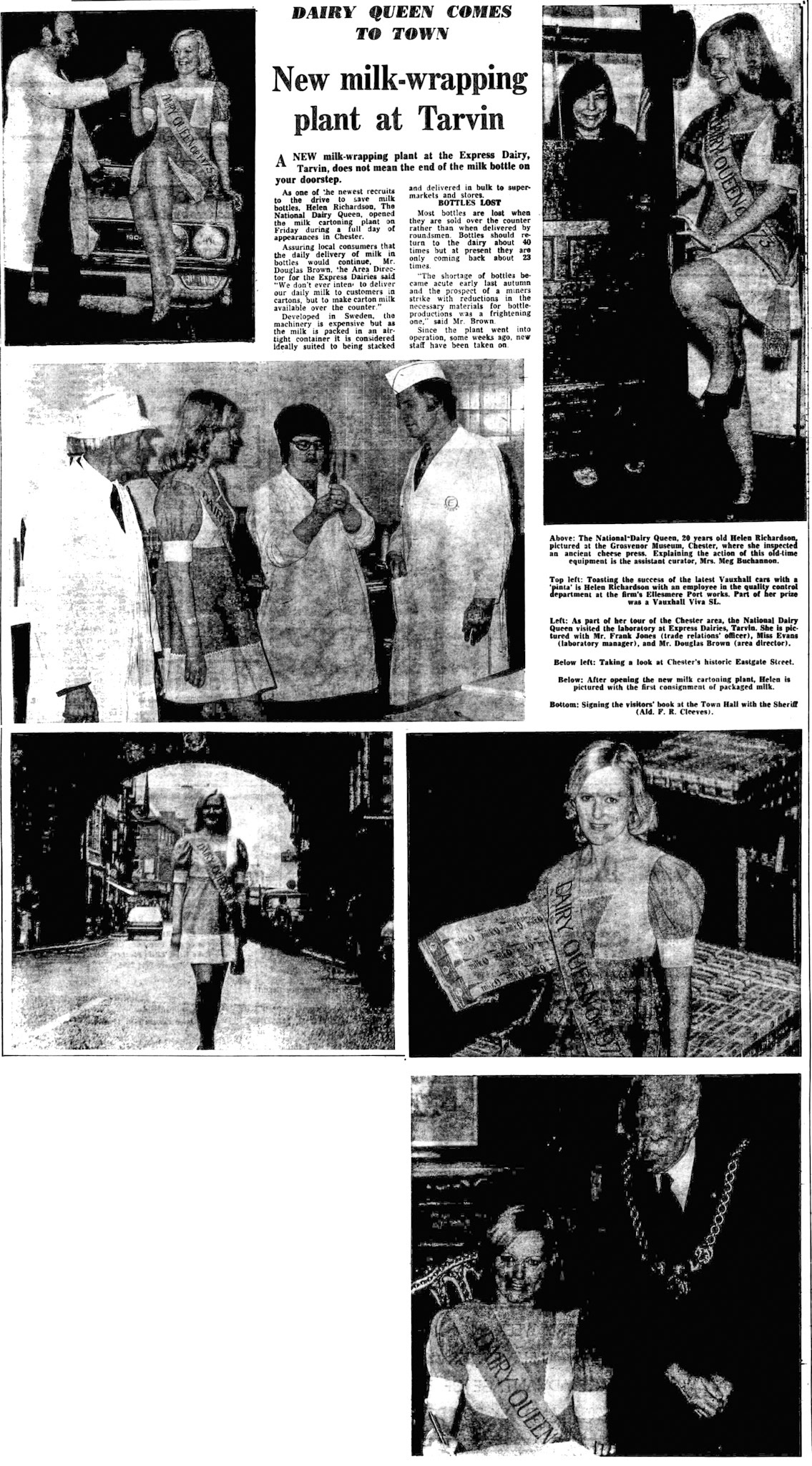 1974 Tarvin Dairy in the news with a visit by Helen Richardson, the new Dairy Queen, and accompanied by Area Director Douglas Brown, reported in the Cheshire Observer, 22 March. (Courtesy of THE BRITISH LIBRARY BOARD)