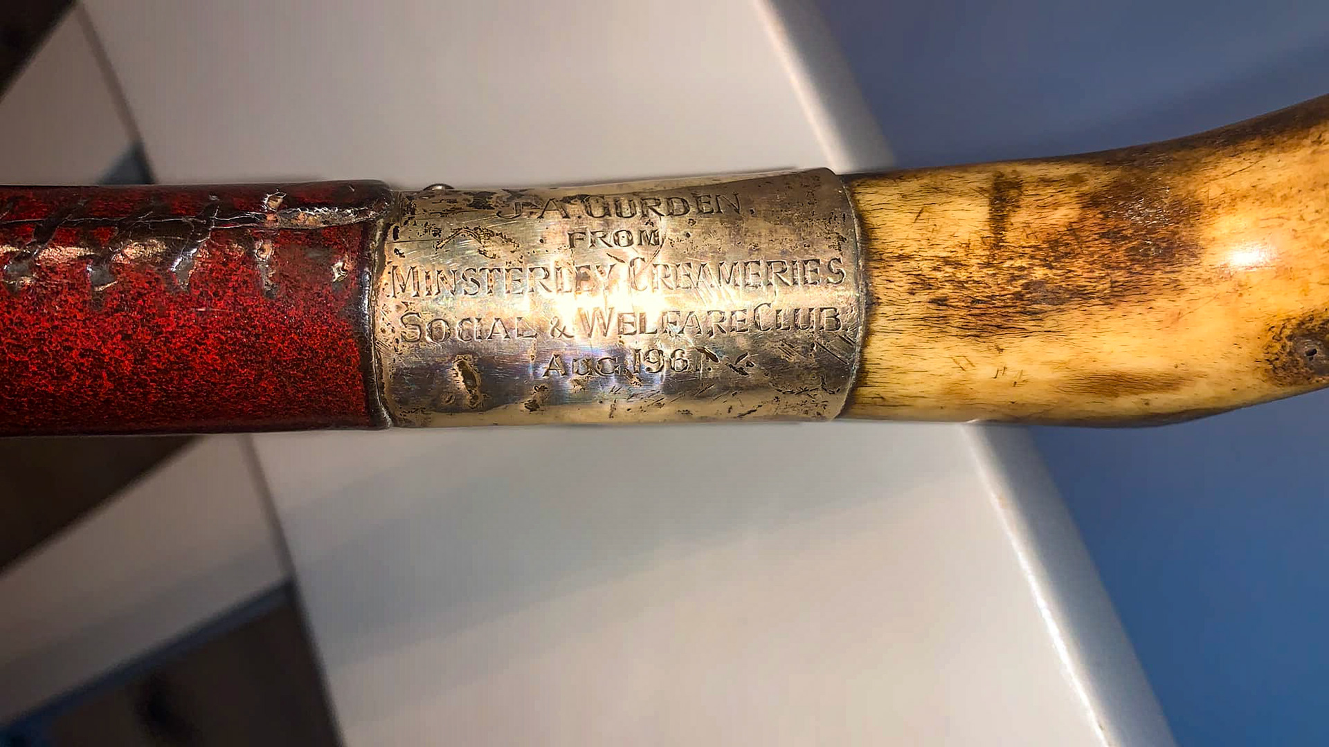 1961 Minsterley. Hunting Whip presented to John A Gurden (Nick Gurden's father) by Minsterly Creameries Welfare &amp; Social Club when he left to take over the Frome Plant as Manager. (Courtesy Nick Gurden)