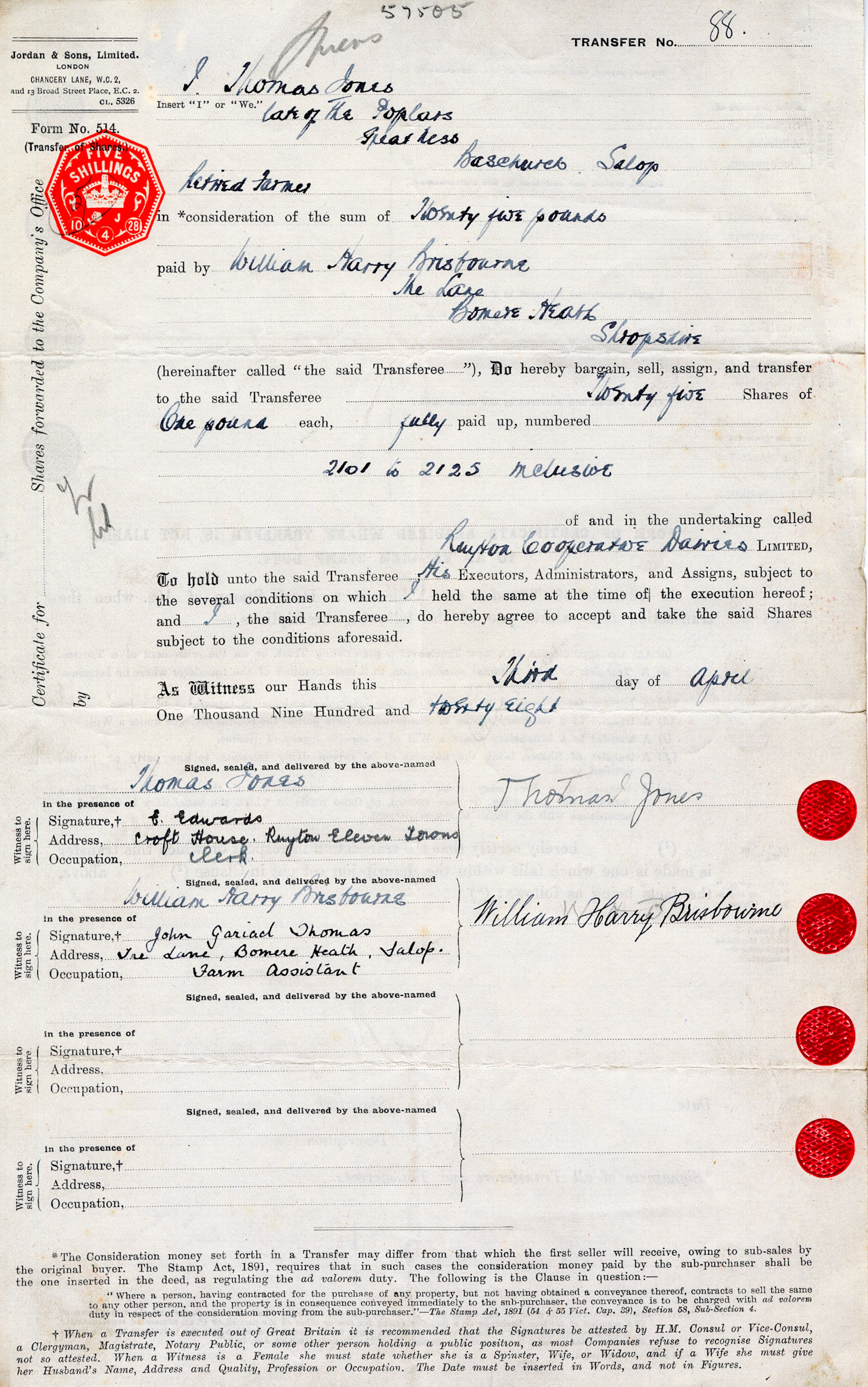 1928-Thomas Jones-Share Transfer Form