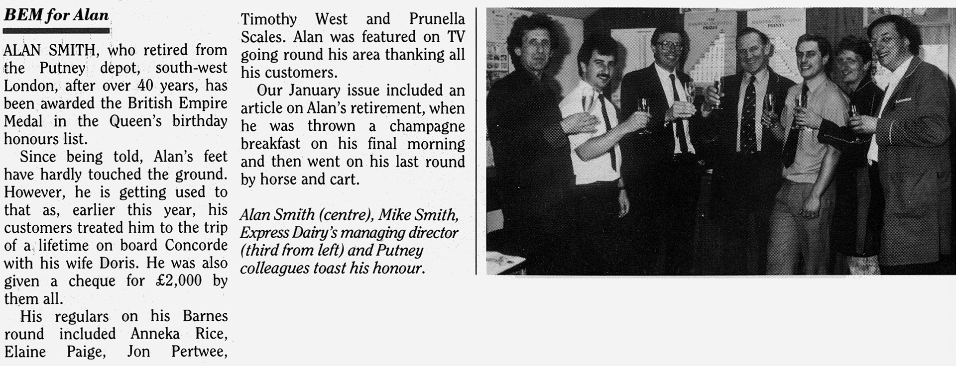 1988 Alan Smith retires from Putney depot after 40 years, after being awarded the BEM by the Queen.  Gary Fordrey comments "That’s my dad far left, Len Fordrey. I remember Alan from my days helping Dad on his Roehampton Lane round, Alan was always first in and last back." (August Express News)