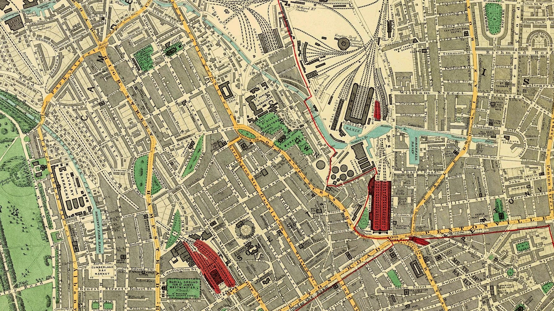 1865 St Pancras before the station. This map was published just before the London terminus arrived and obliterated a number of former streets: Brewer Street, Skinner Street and various side streets disappeared. Also for the chop was the original site for Brill Market, one of the notable Victorian-era markets of London, and another notable victim was most of St Pancras Churchyard. Map from Stanford and Sons. Ian Ward comments "The Midland Railway's original access to London was via the Great Northern Railway, but MR wanted to avoid the access charges the GNR was levying from them, so they planned their own route south... St Pancras was the result." Stephen Weekly adds "St Pancras terminus opened in 1868, the Metropolitan Railway's Kings Cross Station opened in 1863, so this map is between those dates." (Courtesy The Underground Map FB Group)