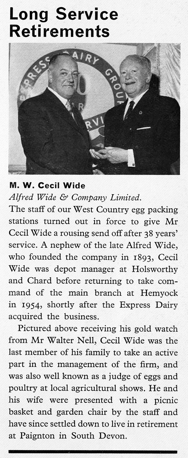 1963 Cecil Wide retires after 38 years, most recently at Hemyock egg packing station, Devon. Pictured with Walter Nell. (Express News Autumn)