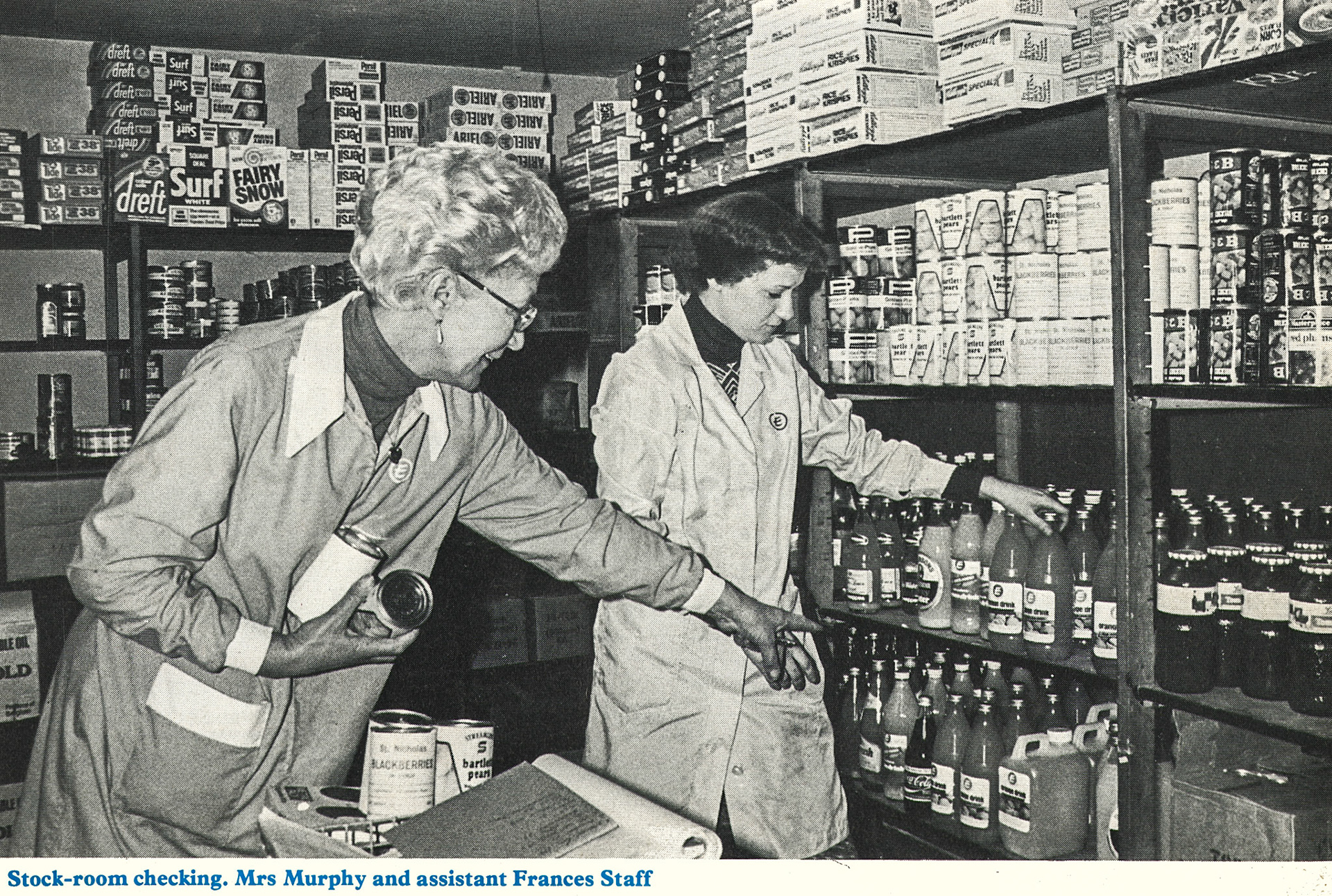 1977 Roberts Street, NW1 shop stockroom checks by Mrs Murphy and Frances Staff.  (Express News Summer)