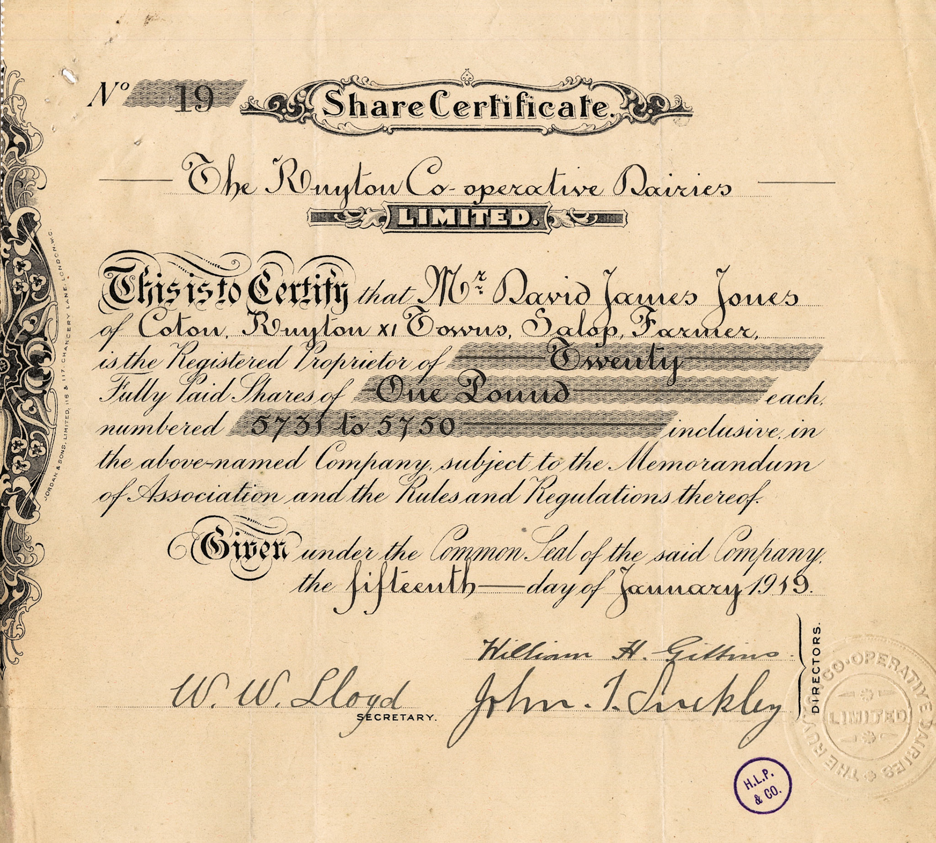 1919 Share Certificate-Mr David James Jones