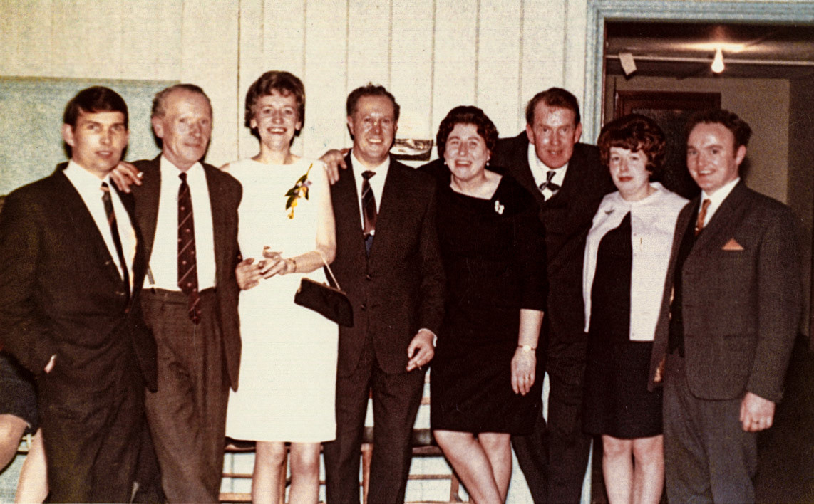 Sarah Smith comments "On the left, my dad-Roy Jones" From the left: Roy Jones, ?, Mrs Gadsby, Reg Gadsby, Paddy Abbey and his wife, Wendy Lakelin and Roly Lakelin. (Joe Lyons Collection)