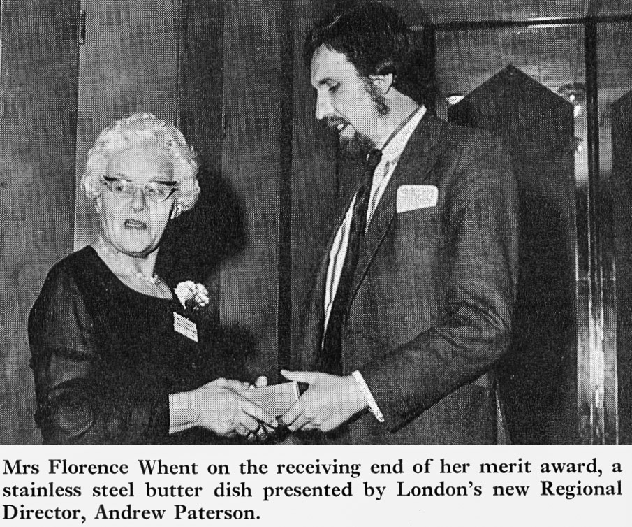 1973 Mrs Florence Whent receives a merit award from Andrew Paterson. (Express News Spring)