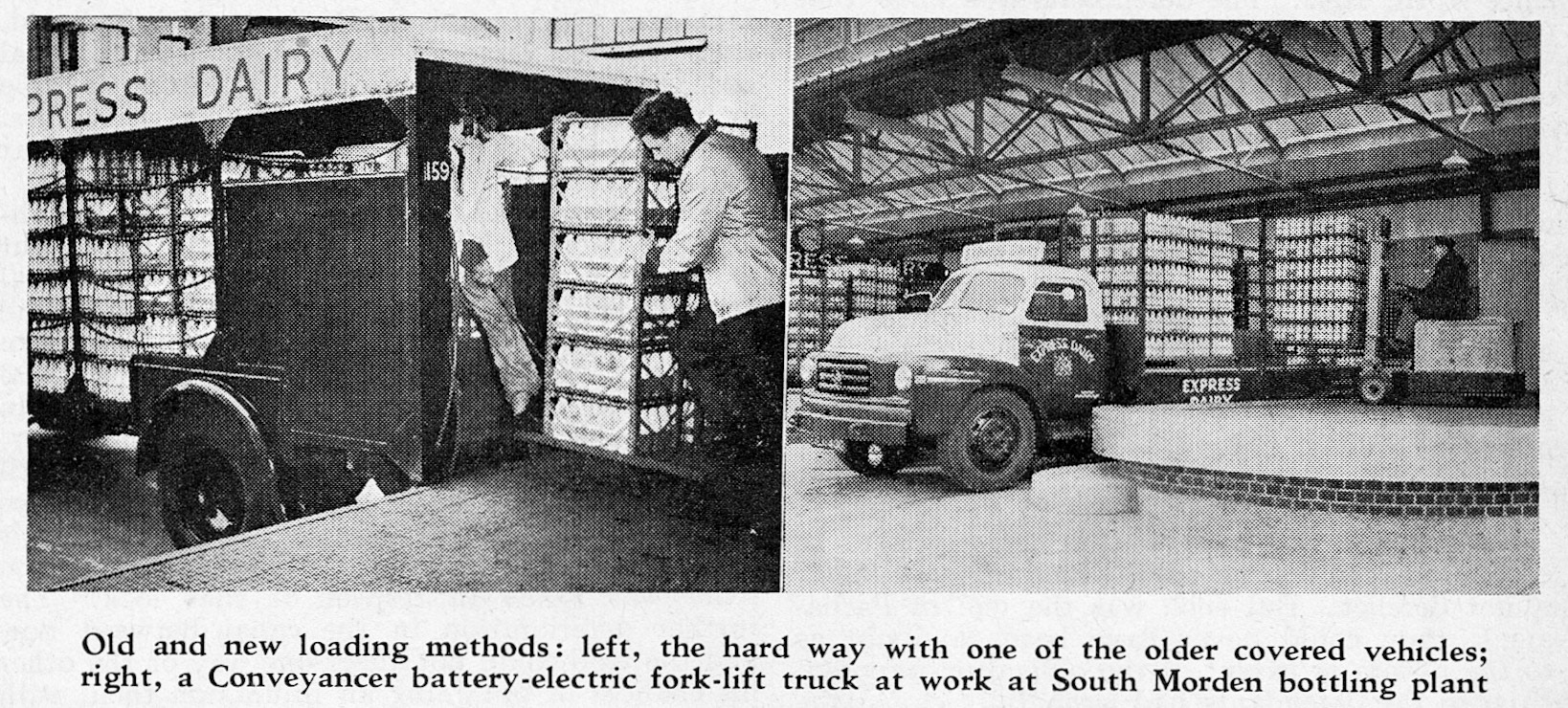 1955 South Morden loading with fork-lift truck, compared with manual loading-from feature article about mechanical handling at Express (From Modern Transport July 30, courtesy Dave Fane)