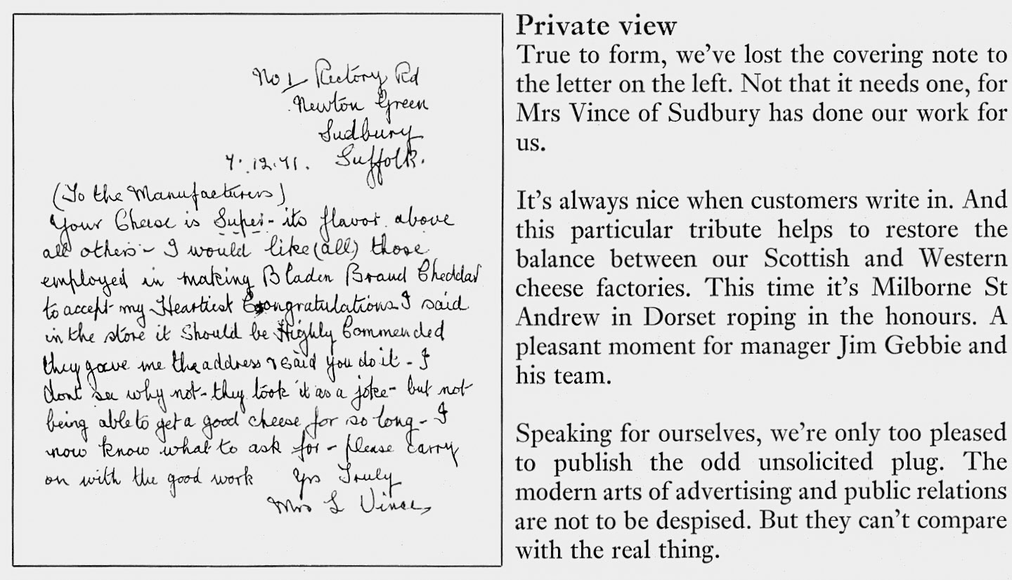 1972 Satisfied Milborne St Andrew cheese customer compliments manager Jim Gebbie and his team. (Express News Spring)