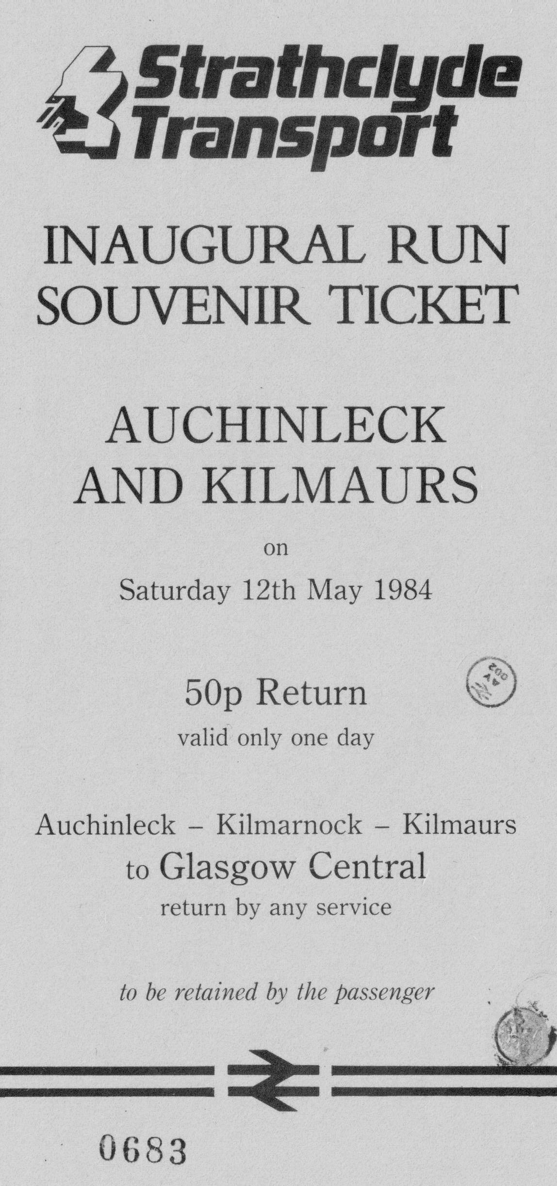 1984  "Ticket from the day Kilmaurs Station re-opened". (Roger Griffith, Kilmaurs And Stewarton Memories FB Group)